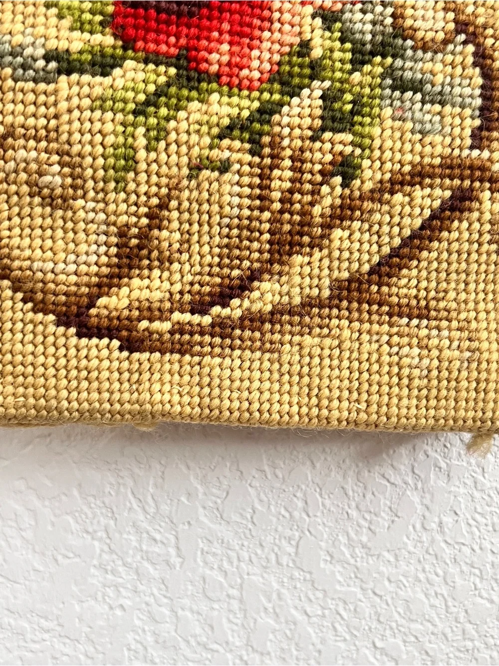 Vintage Floral Needlepoint Bell Pull Wool Velvet  Brass 63”